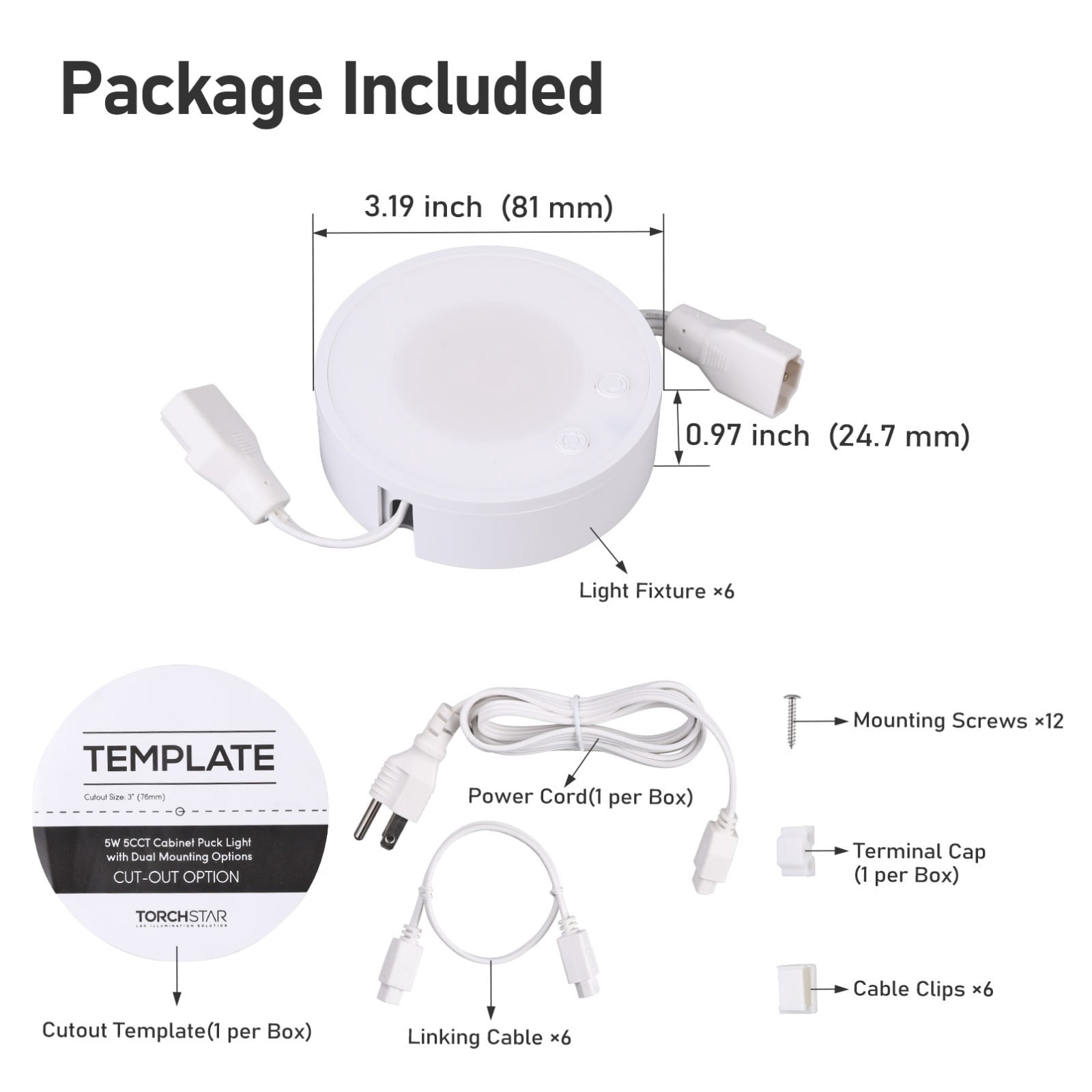 6 Pack 5W 5CCT LED Puck Lights, Surface or Recessed Mount, 120V Dimmable Linkable Under Cabinet Lighting, Plug-in Powered