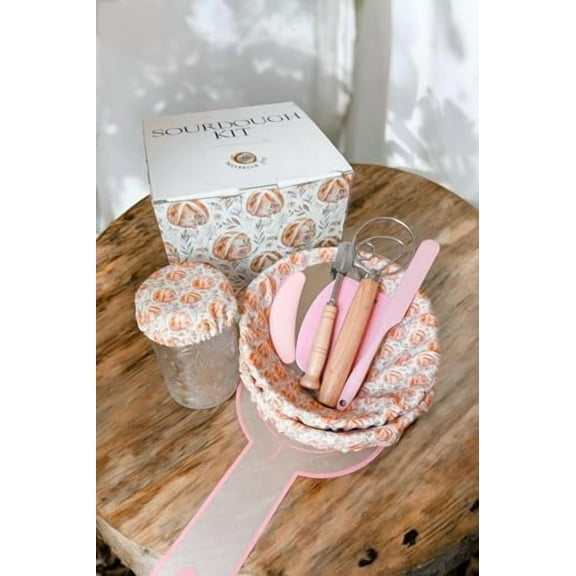 10 Piece Sourdough Kit | Vintage Jar | Bannetons Proofing | Custom Cute Jar and Cover | Dough Whisk | Pink Dough Scraper Cutter | Bread Lame | Silicone Spatula