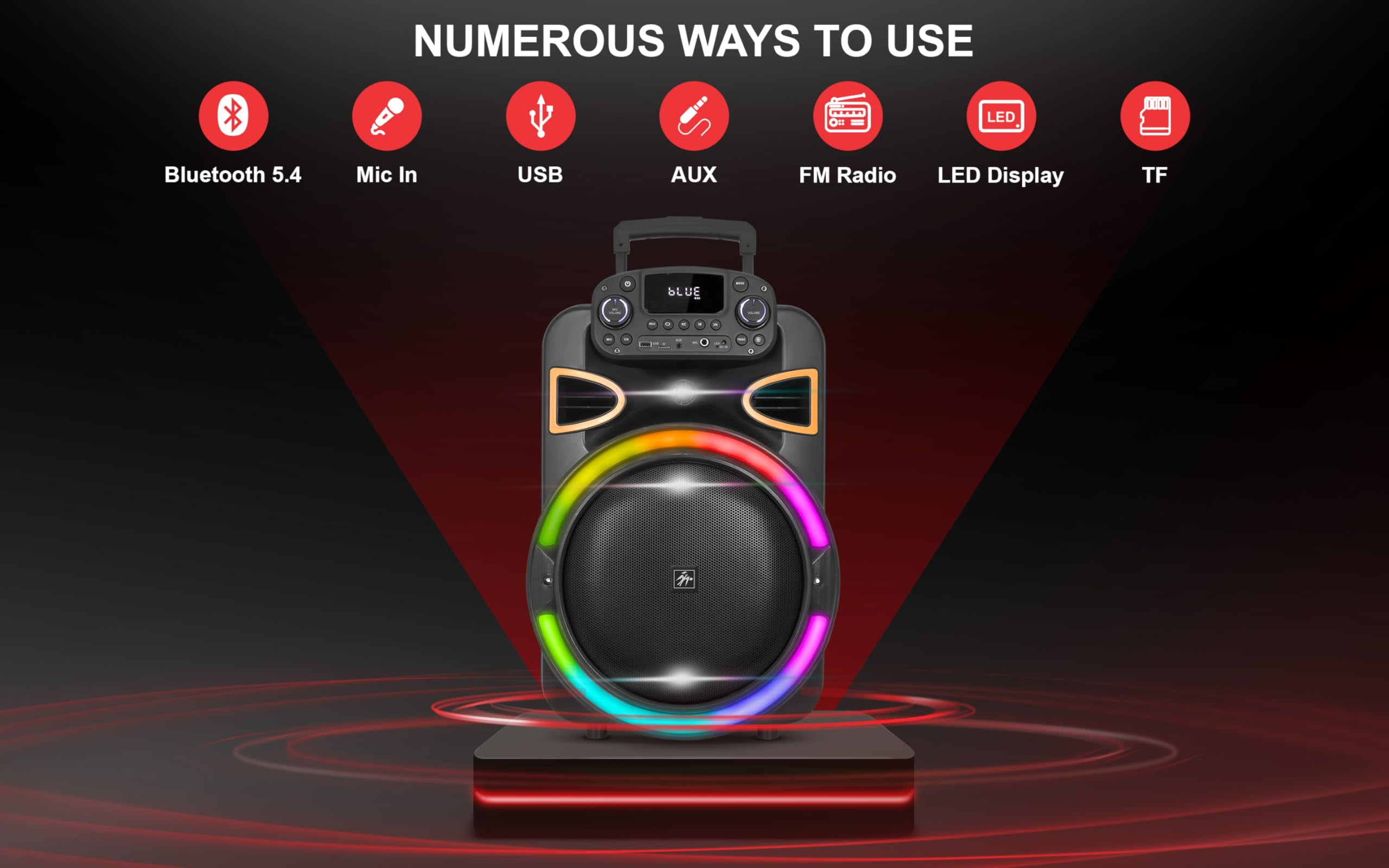 Fisher Portable Bluetooth Wireless Speaker System: 15" Subwoofer 80W Peak Power Loud HD Deep Bass Sound|LED Lights|Rechargeable|Karaoke|Remote|TWS Pairing|USB Port|TF|AUX|FM Radio|MIC Input|Equalizer
