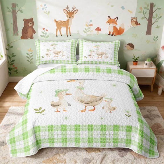 Erosebridal Goose Twin Quilt Set for Girls, Green Hats Twin Coverlet Set, 2 Pieces 1 Bedspread and 1 Pillowcase