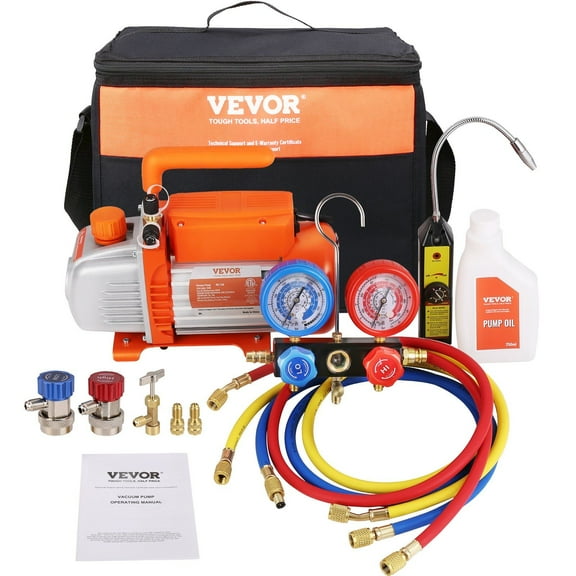 Vacuum Pump and Gauge Set, Single Stage Rotary Vane HVAC Air Vacuum Pump A/C Refrigerant Kit Manifold Gauge Set, with Three-Color Hose Carry Bag, Applicable to R134a, R410a