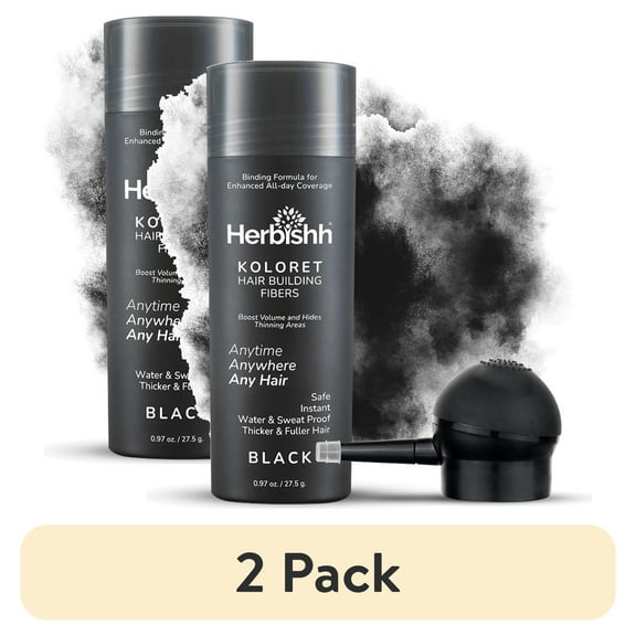 (2 pack) Herbishh Koloret Hair Building Fibers – Black Powder for Thinning Hair, Instant Bald Spot Cover Up & Scalp Concealer – Sweat-Proof & Water-Resistant Hair Thickening Fibers for Men & Women, 27.5g