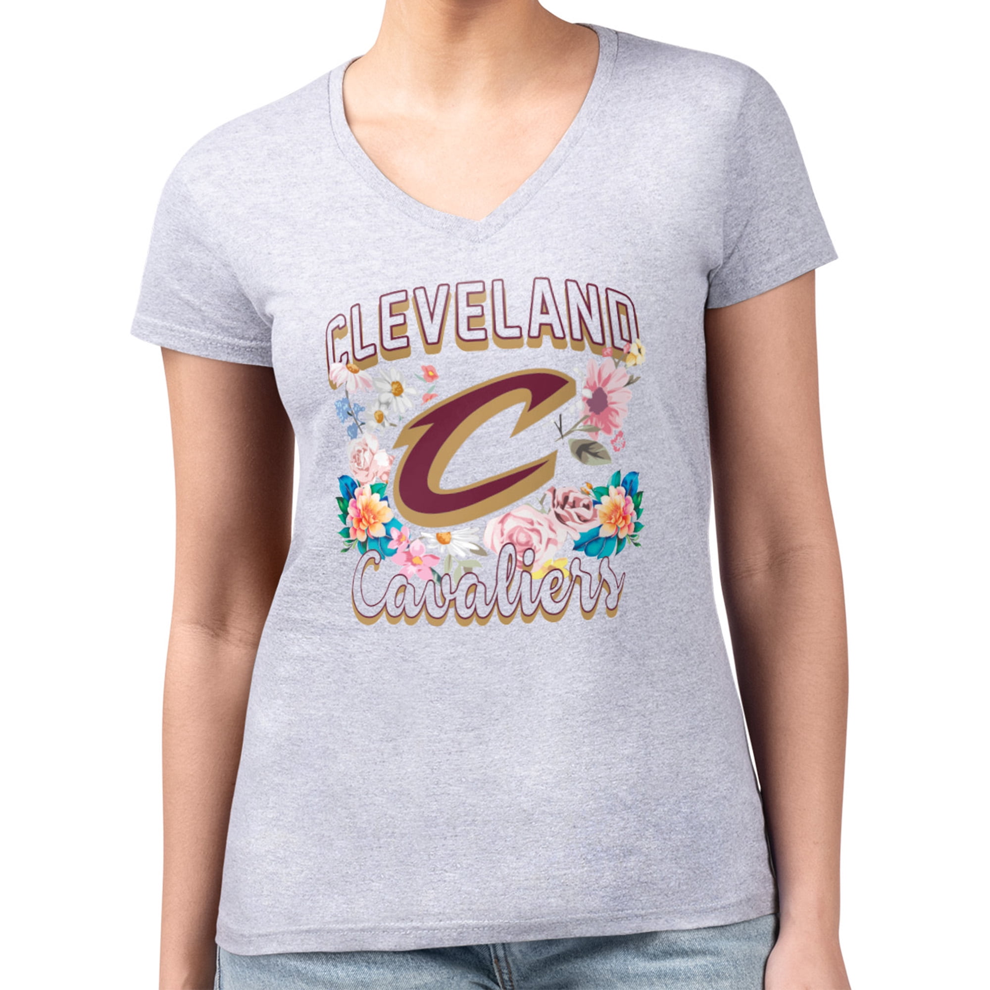 Women's G-III 4Her by Carl Banks Heather Gray Cleveland Cavaliers Super-Slim Fit Lightweight Flowers Team Logo Graphic