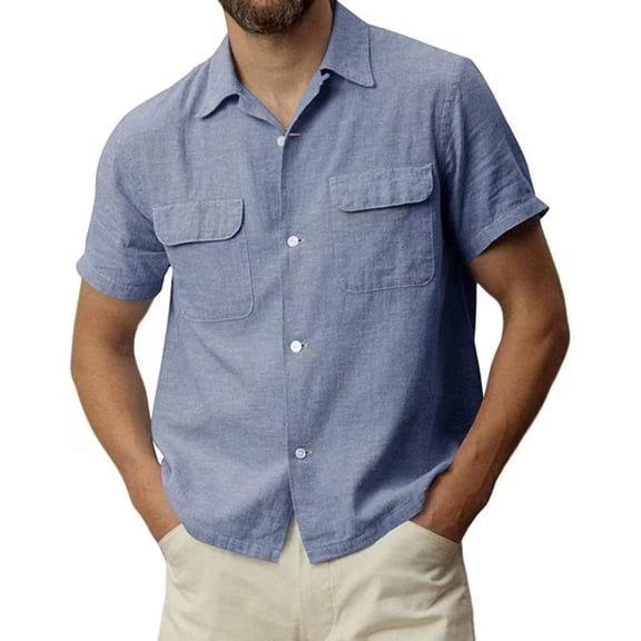 GrmtClth Shirts for Men Fit Slim Cotton Linen Top Classic Short Sleeve Tee Trendy Button Down Outfit Collared Royal Blue M