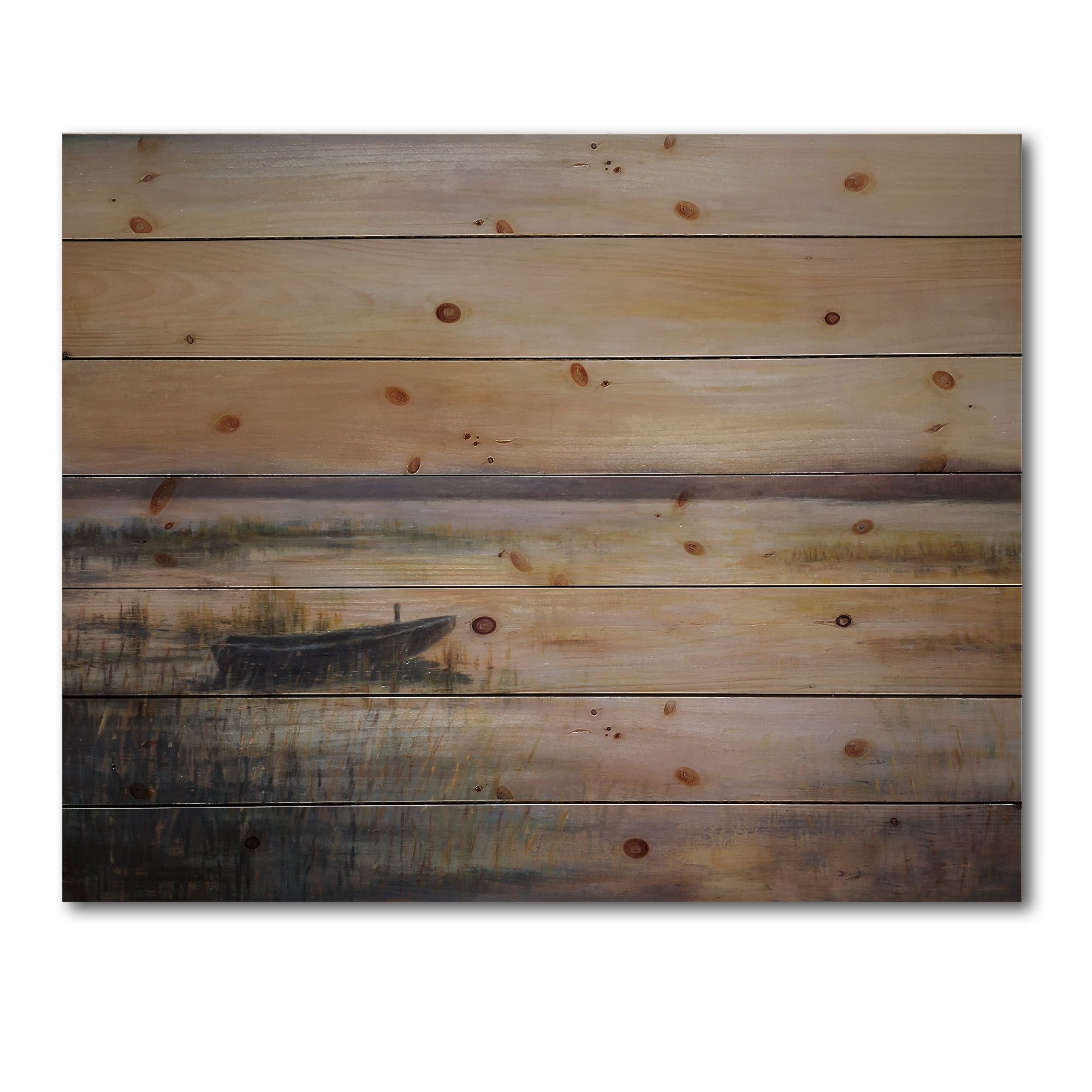 Designart 'Pastel Boat Sunset Over The Lake' Nautical & Coastal Print on Natural Pine Wood