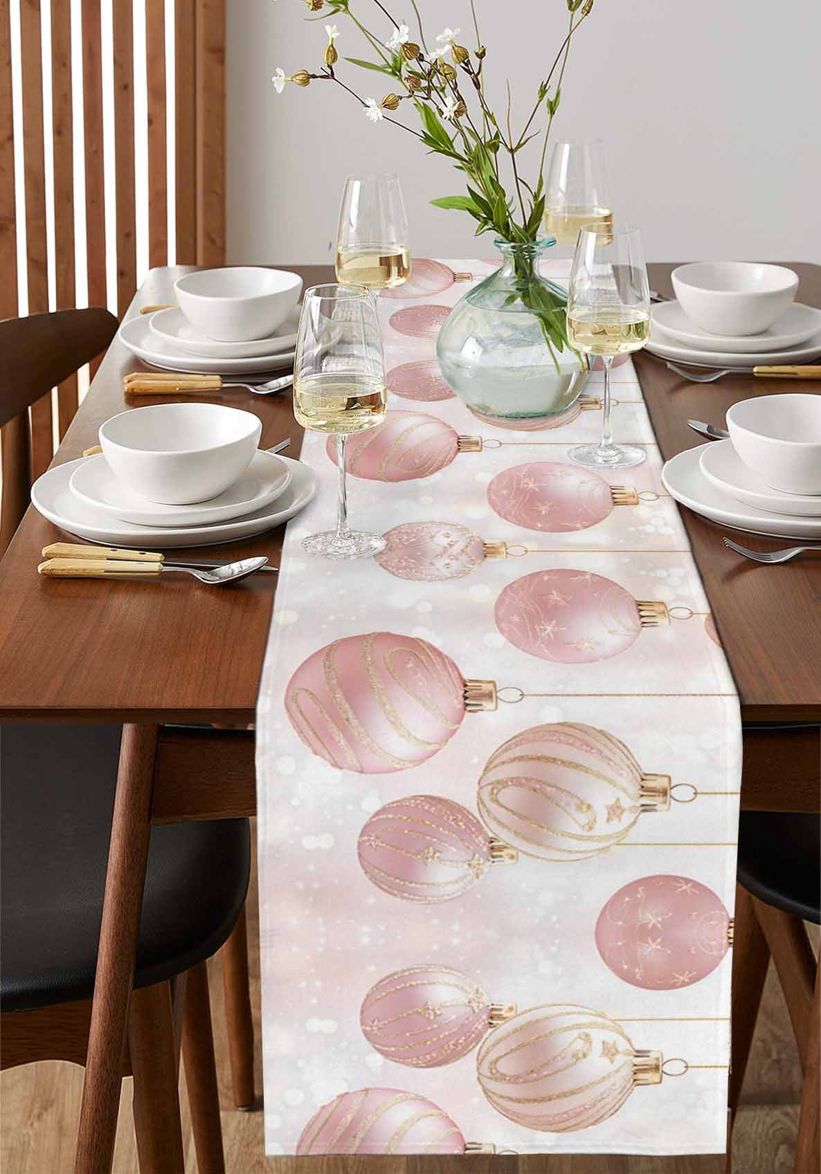 Ldtrchee Pink Christmas Table Runner 108 Inches, Christmas Balls Snowflake Bed Runner Dresser Scarves Tabletop for Indoor Outdoor Parties/Ceremony/Banquet, 13"x 108"