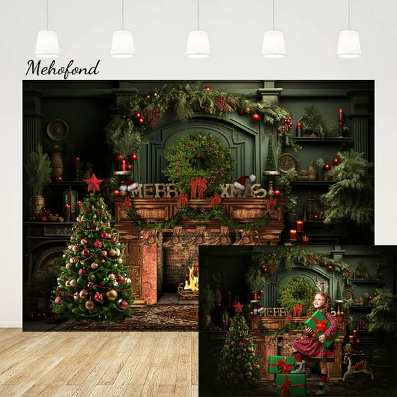 Mehofond Merry Xmas Theme Backdrop Family Holiday Vintage Green Wall Fireplace Wreath Christmas Tree Bell r Photo Background