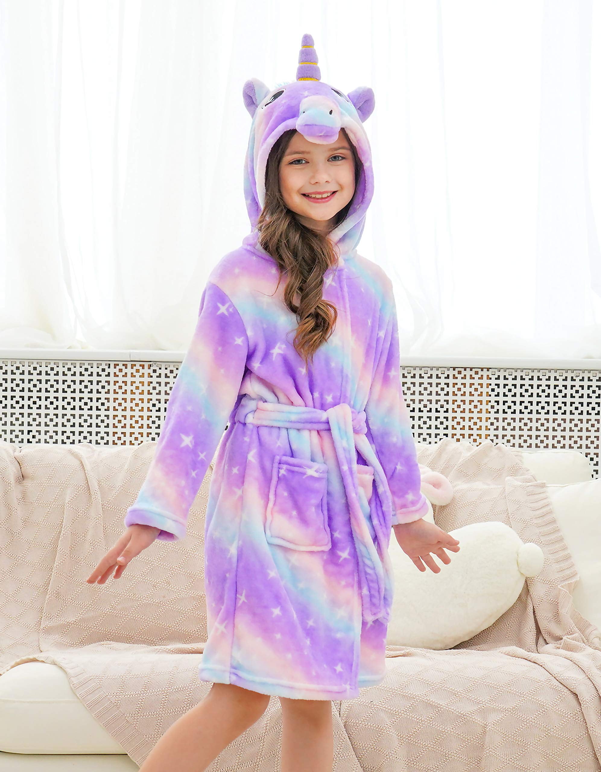Girls Unicorn Hooded Dressing Gown Robe Pj's 4 Piece Hot Water Bottle Set Purple 