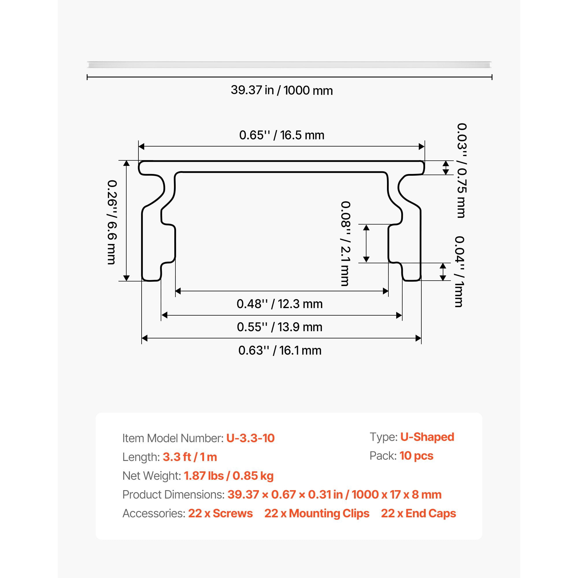 LED Aluminum Channel 10-Pack 3.3ft, U-Shaped Profile with Milky Cover, Anodized Aluminum for Heat Dissipation, LED Strip Diffuser for Cabinet and Display Lighting