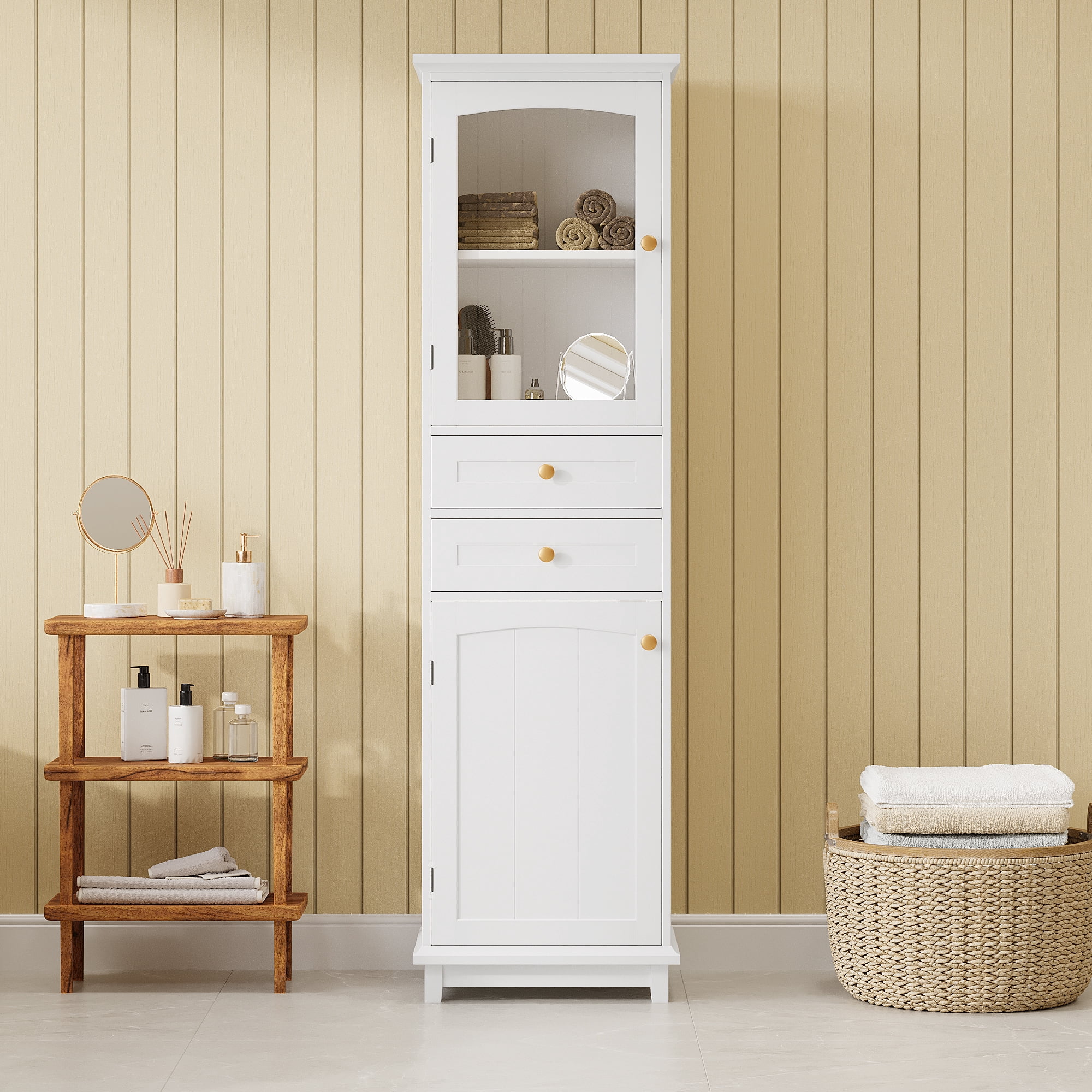 Euroco Modern Bathroom Storage Cabinet with Glass Doors – Adjustable Shelves, 2 Drawers & Anti-Tip Kit – Elegant Carved Design, Gold Handles, Waterproof MDF