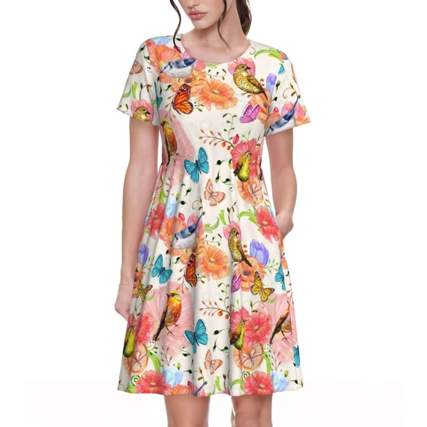 Balery Flowers And Birds Watercolor Vestidos sueltos de manga corta para mujer, vestidos de verano 2025, vestidos casuales de corte A con vuelo.