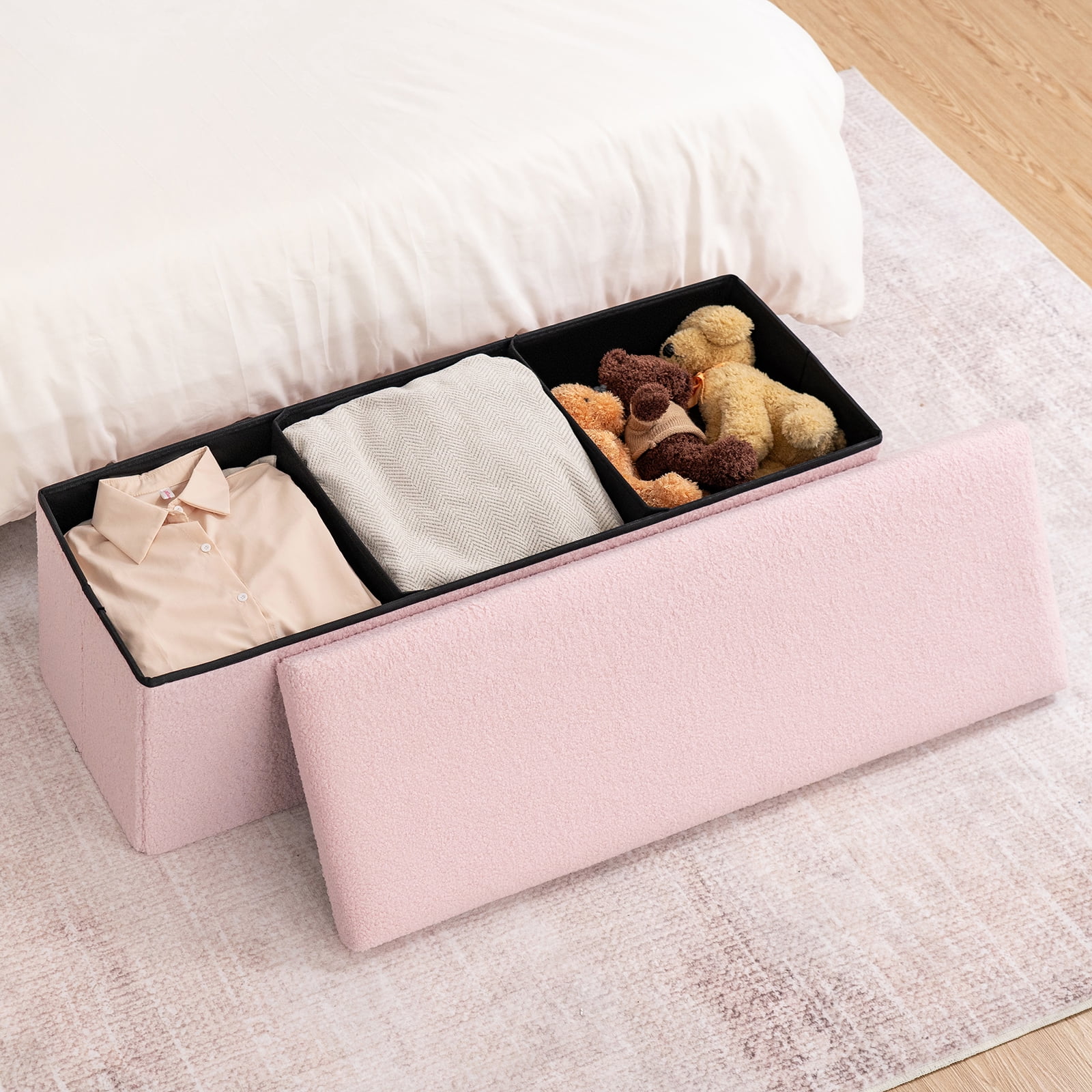 Lusimo Boucle Ottoman Bench with Storage for Living Room, 43" Folding Storage Bench Coffee Table Foot Rest, End of Bed Bench for Bedroom Entryway, Faux Shearling Fabric Pink