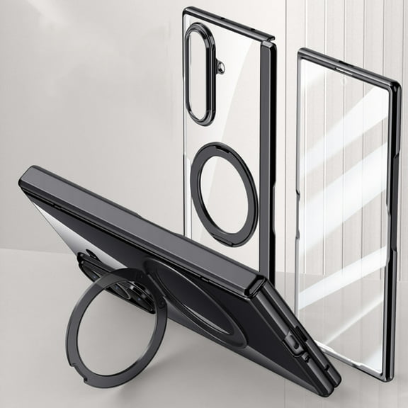 Dteck for Samsung Galaxy Z Fold 7 Clear Case with Hinge Protection & 360° Magnetic Ring Stand & Built-in Screen Protector Electroplated Frame Cover for Galaxy Z Fold 7,Black