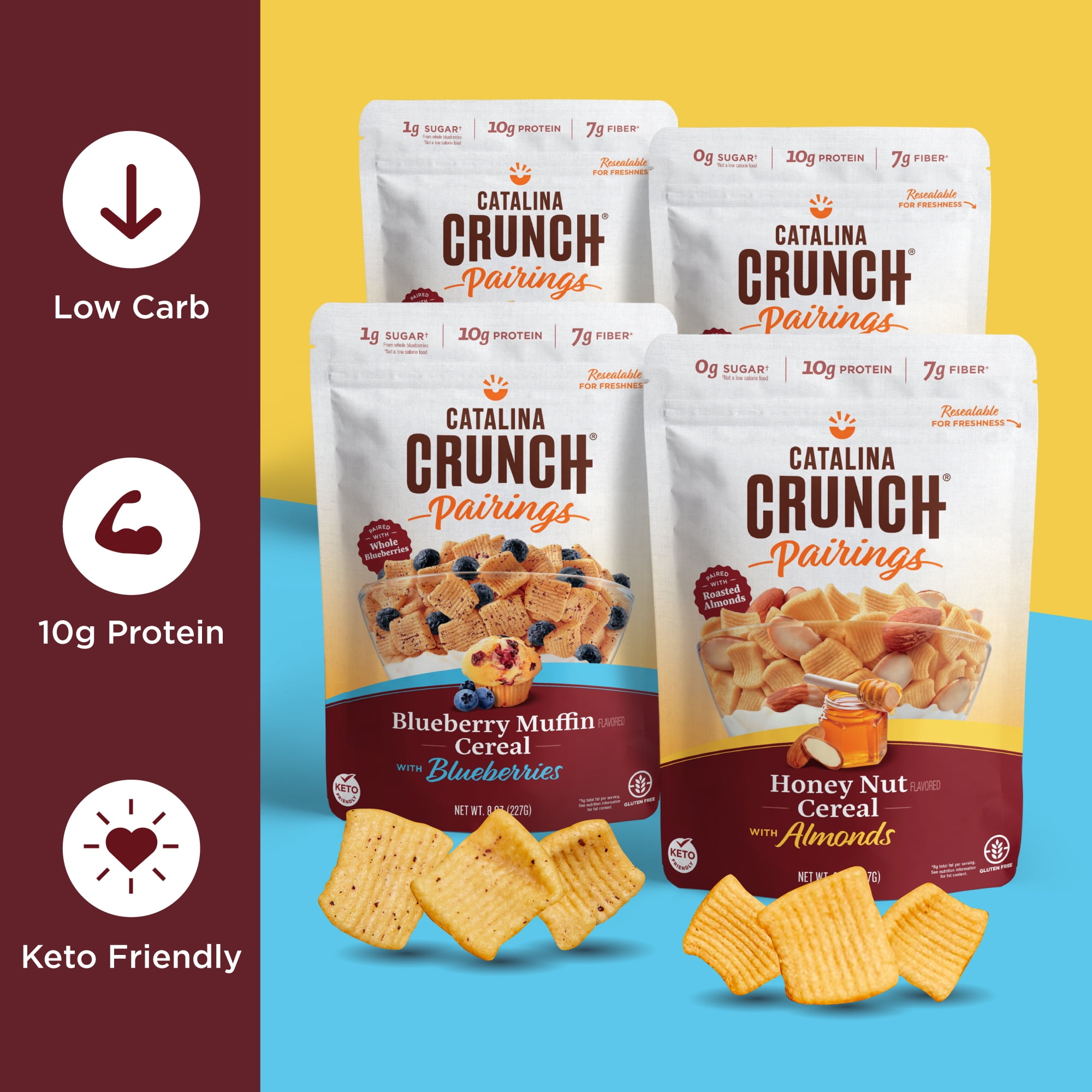 Catalina Crunch Cereal Pairings Variety Pack Blueberry Muffin & Honey Nut (2 Flavors), 4 bags, | Low Carb, Low Sugar, Gluten Free | Keto Snacks, Vegan Snacks, Protein Snacks | Breakfast Protein Cereal