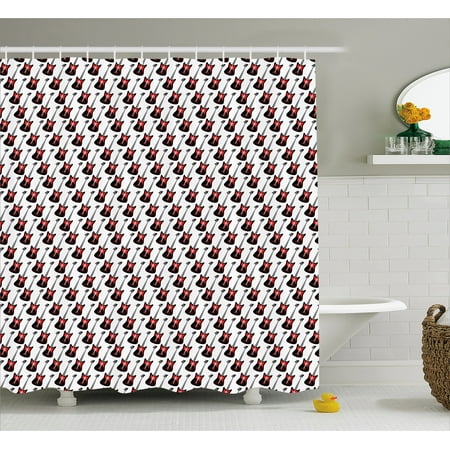 Guitar Shower Curtain, Repeating Graphic Electric Guitars in Diagonal Order Rock Music Band Songs, Fabric Bathroom Set with Hooks, 69W X 84L Inches Extra Long, Red Black White, by