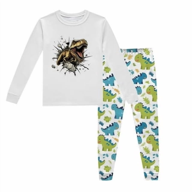 LUOGENLI Ensemble de Pyjama à Manches Longues et Col Rond Imprimé Dinosaure pour Enfants (2 9 Ans) Gris Clair 7T