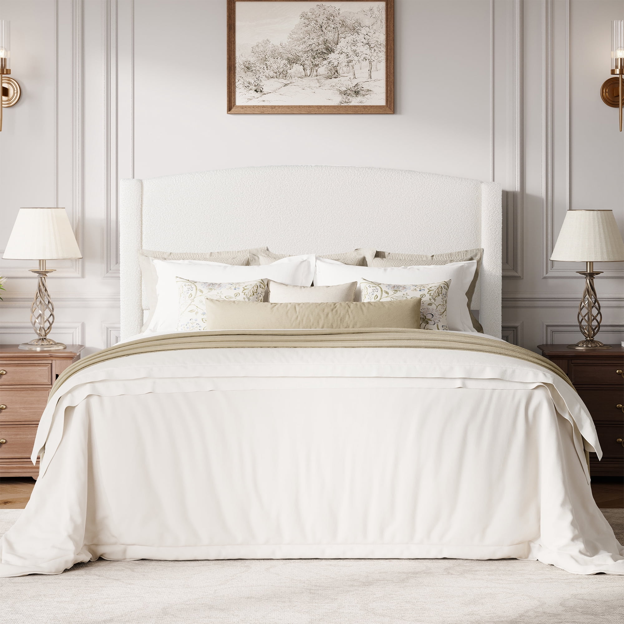 Amolife Queen Bed Frame, Platform Upholstered Bed with Soft Teddy Fabric Curved Headboard, White