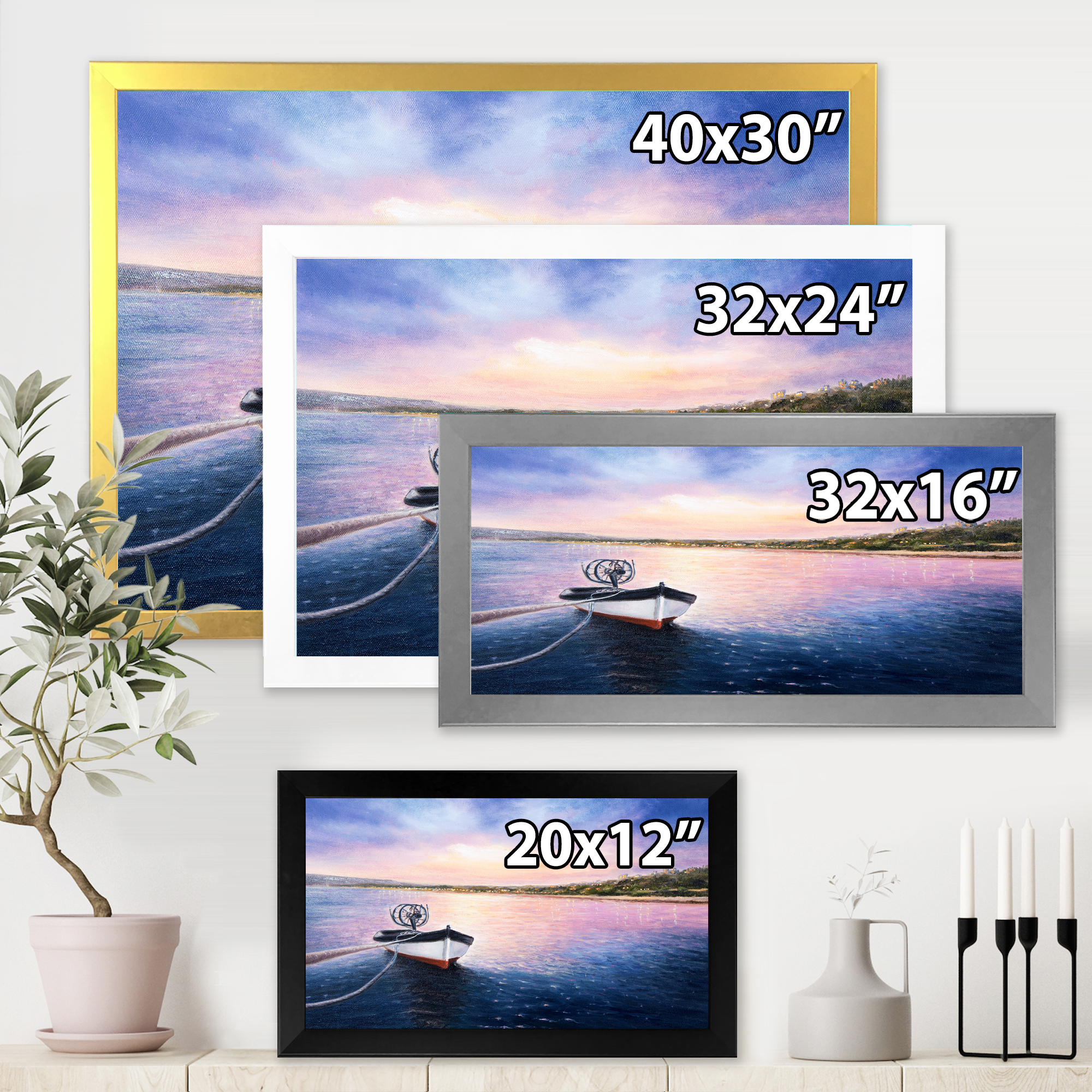 Designart 'VIbrant Sunset Over Fishing Boat By The Shore' Lake House Framed Art Print