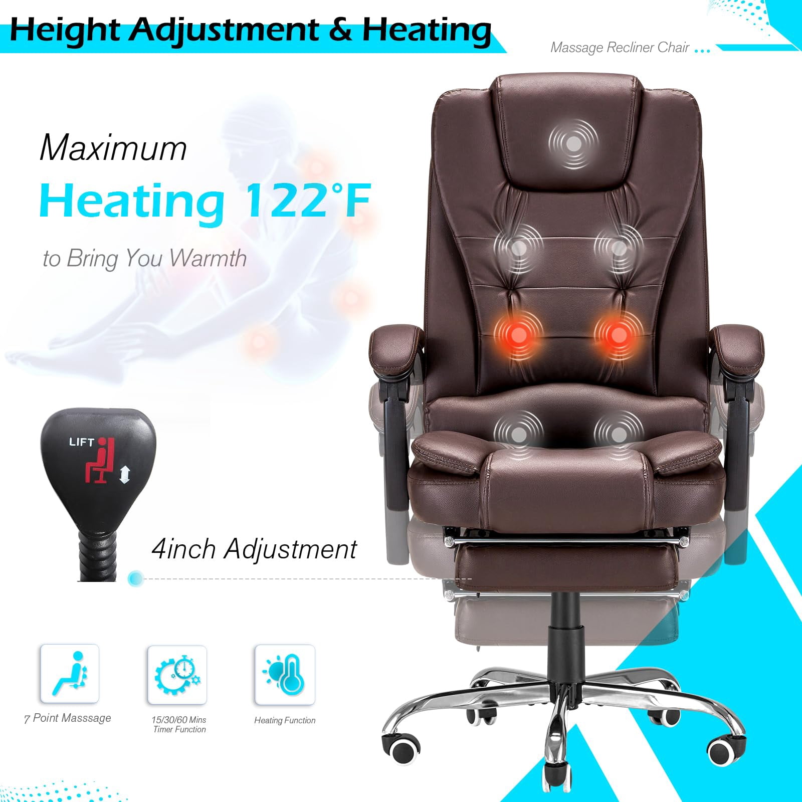 YODOLLA 7 Points Massage Office Chair with Heat Ergonomic Reclining Computer Chair High Back Desk Chair w/Retractable Footrest Ergonomic Leather Office Chair，Brown