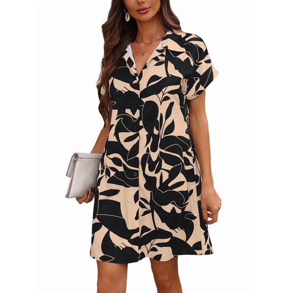 Womens Summer Shirt Dress Short Sleeve Floral Shift Dress Casual Loose Flowy Beach Sundress Color L