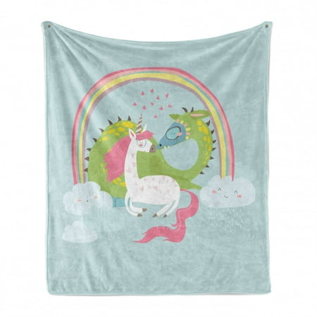 

Fantasy Soft Flannel Fleece Throw Blanket Love of Dragon and Unicorn Couple Romance Flirting Baby Cartoon Cozy Plush for Indoor and Outdoor Use 60 x 80 Baby Blue Pale Pink by Ambesonne