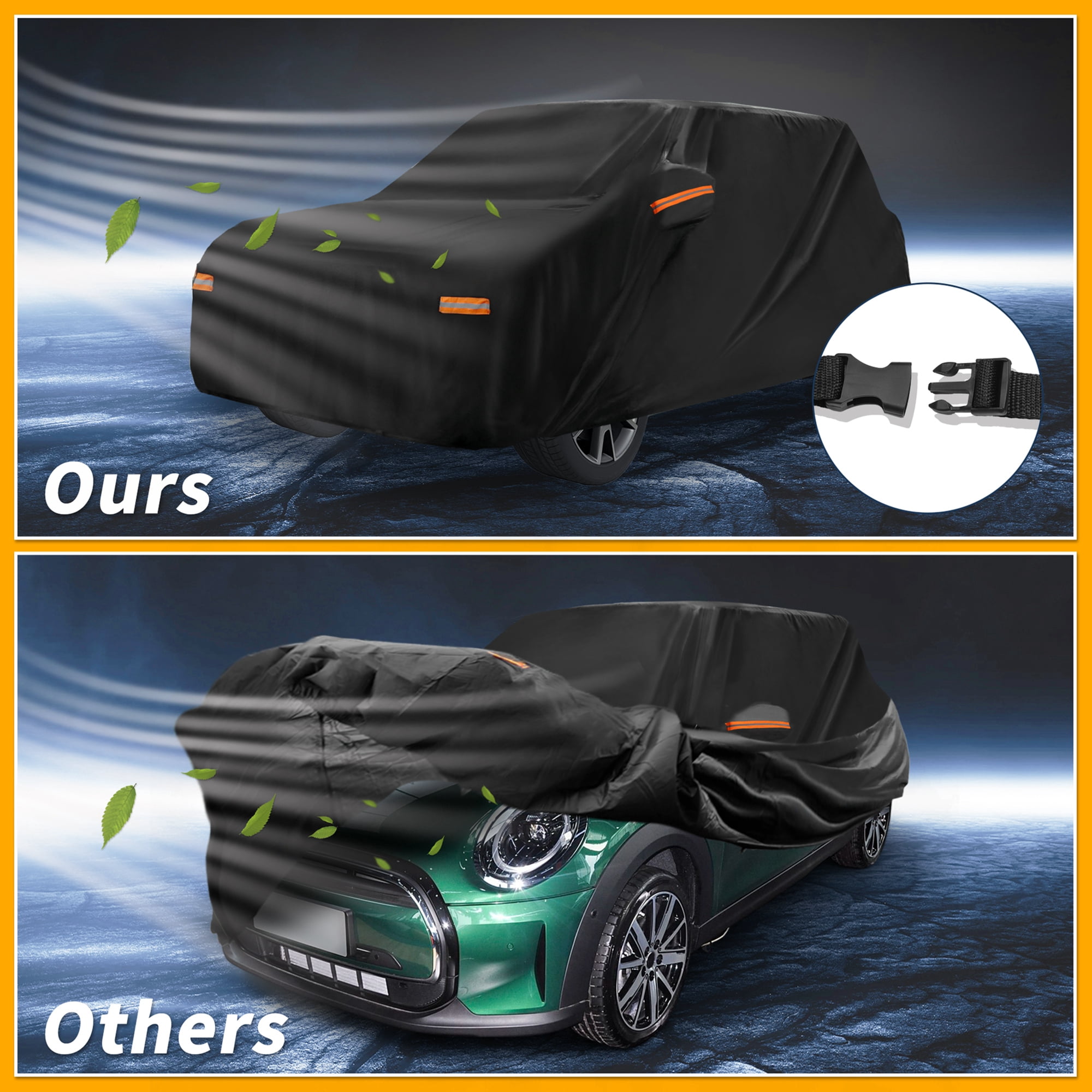 Unique Bargains Waterproof Car Cover with Reflective Strips Black for Mini Cooper 4DR 161.42"x57.09"x49.21"