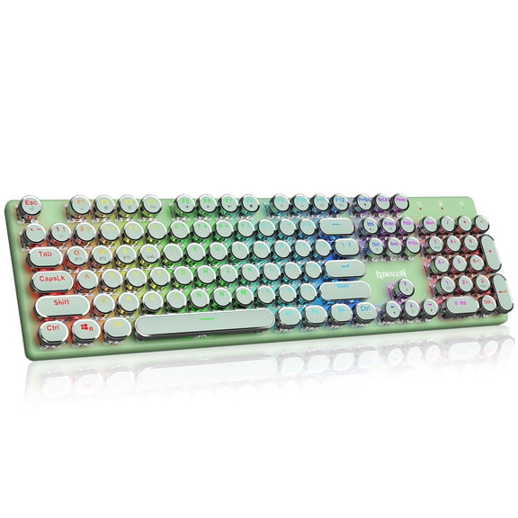 Redragon K710 Green Wireless Typewriter Mechanical Gaming Keyboard, Bluetooth/2.4Ghz/Wired, RGB Led Backlit, Blue Switch - Clicky, Rechargeable, Solid Metal Panel, Round Keycaps,