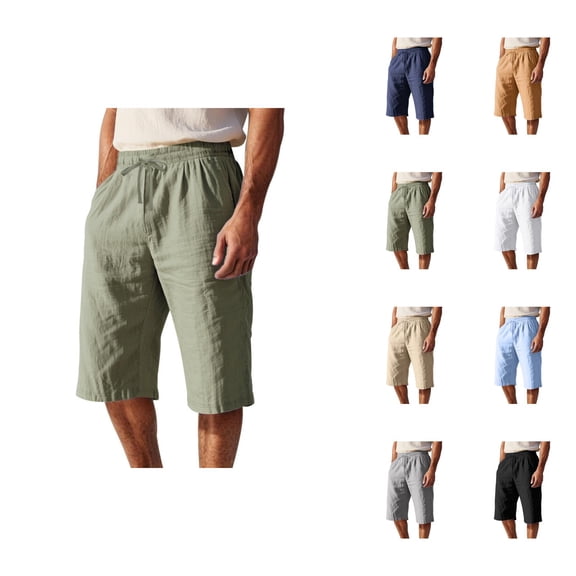 Mens Capri Pants Summer Casual Elastic Waist Straight Leg Lightweight Cotton Linen Cropped Pants with Pockets