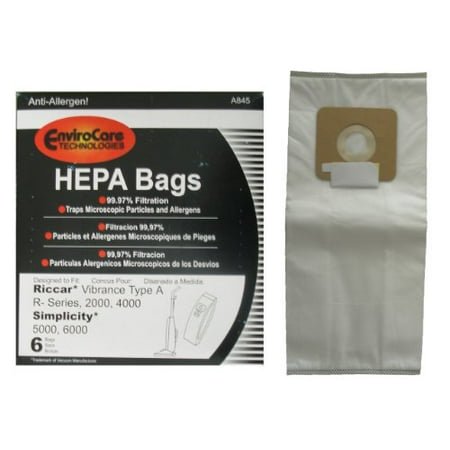 6 Riccar Vibrance Simplicity 5000, 6000 Type a Hepa Bags, Commercial, Canister Vacuum Cleaners, S6-3, S6-12, C13-6, C13H-6, 52-2402-07, R500, R600, R700, R800 R800C, R100, R200, R300, R300C 2000, 4000