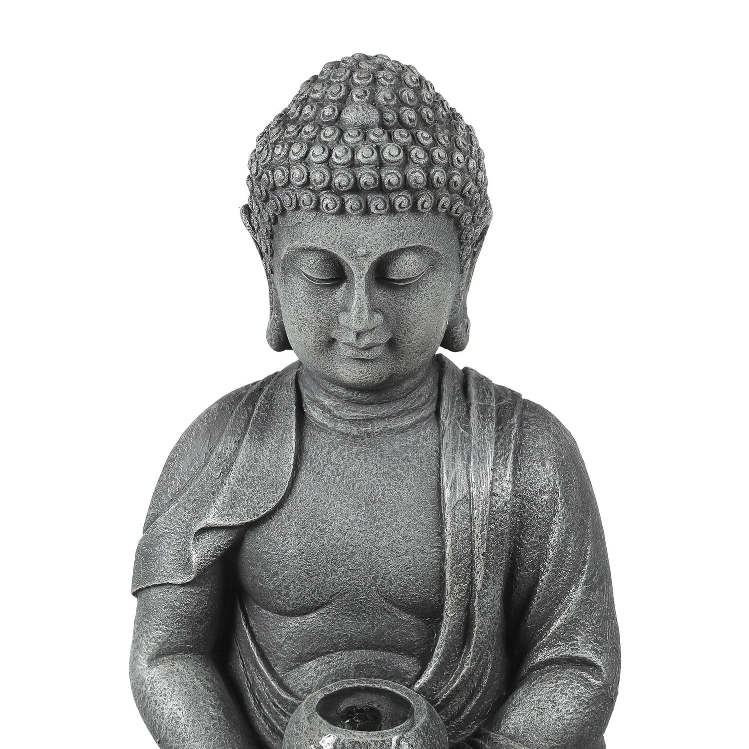 LuxenHome 35" Meditating Buddha Outdoor Water Fountain with LED Lights, Gray Resin Waterfall Fountains Garden Decor