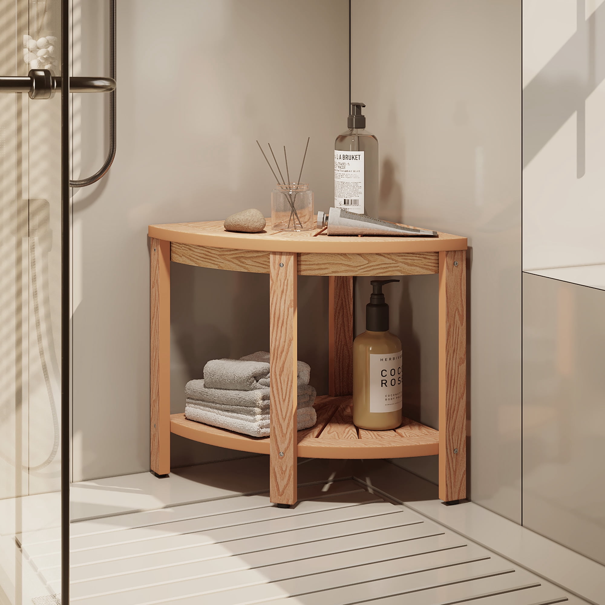 DEXTRUS Poly Lumber Corner Shower Bench, 18" Bath Stool with Storage Shelf, Teak