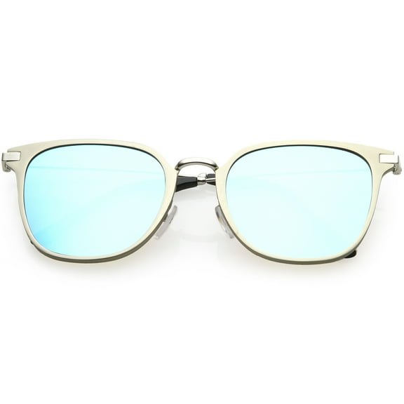 Classic Metal Horn Rimmed Square Sunglasses Flat Lens 52mm (Light Grey / Blue Mirror)