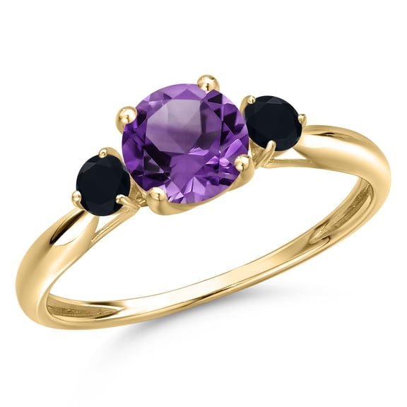 Gem Stone King 10K Yellow Gold Purple Amethyst and Black Onyx 3-Stone Ring for Women | 1.20 Cttw | Round 6MM | Gemstone February Birthstone | Size 7