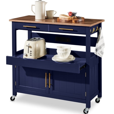 Best Choice Products 36in Large Rolling Kitchen Island Cart 2-Door Cabinet Outlet Hooks & Wheels - Midnight Blue