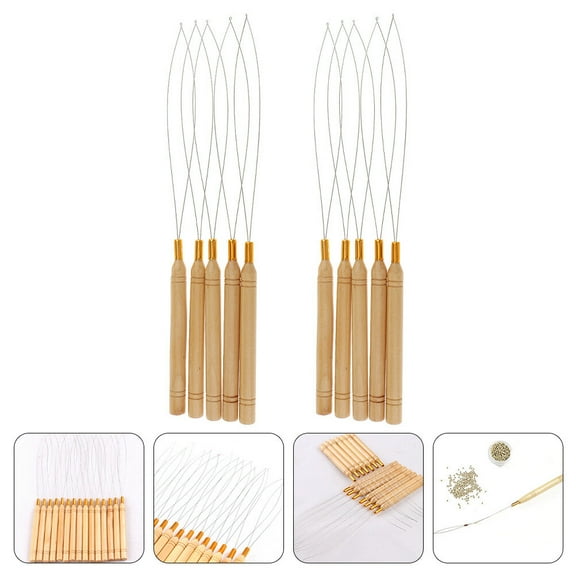 KONTONTY 10pcs Wooden Handle Crochet Hooks for Hair Extensions, Pulling Tool, Hair Needle with Metallic Line