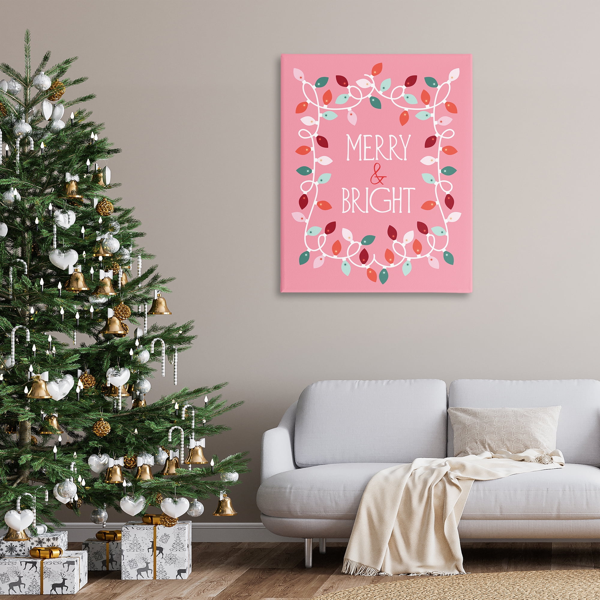 Stupell Industries Merry and Bright Pink Holiday Painting Gallery Wrapped Canvas Art Prints Wall Art, 36 x 48