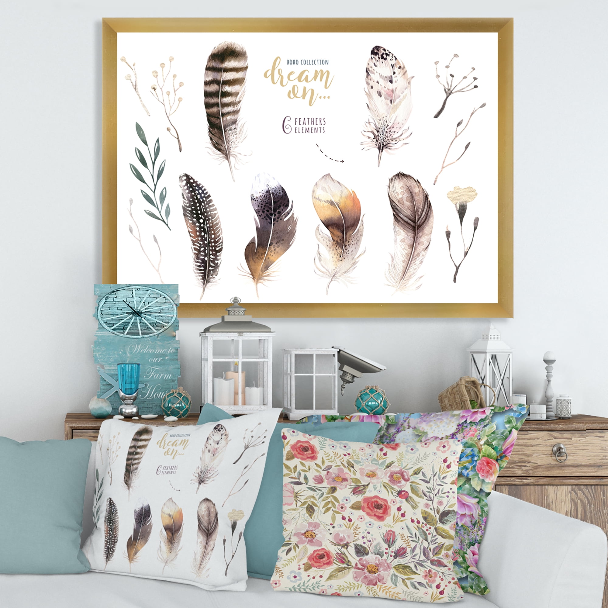 Designart 'VIbrant Orange Boho Feathers' Bohemian & Eclectic Framed Art Print