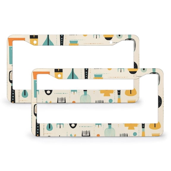 2 PCS Mid-Century Modern Kitchen License Plate Frame Colorful Retro Abstract Auto Car Accessories Tag Metal 2 Hole for Men/Women