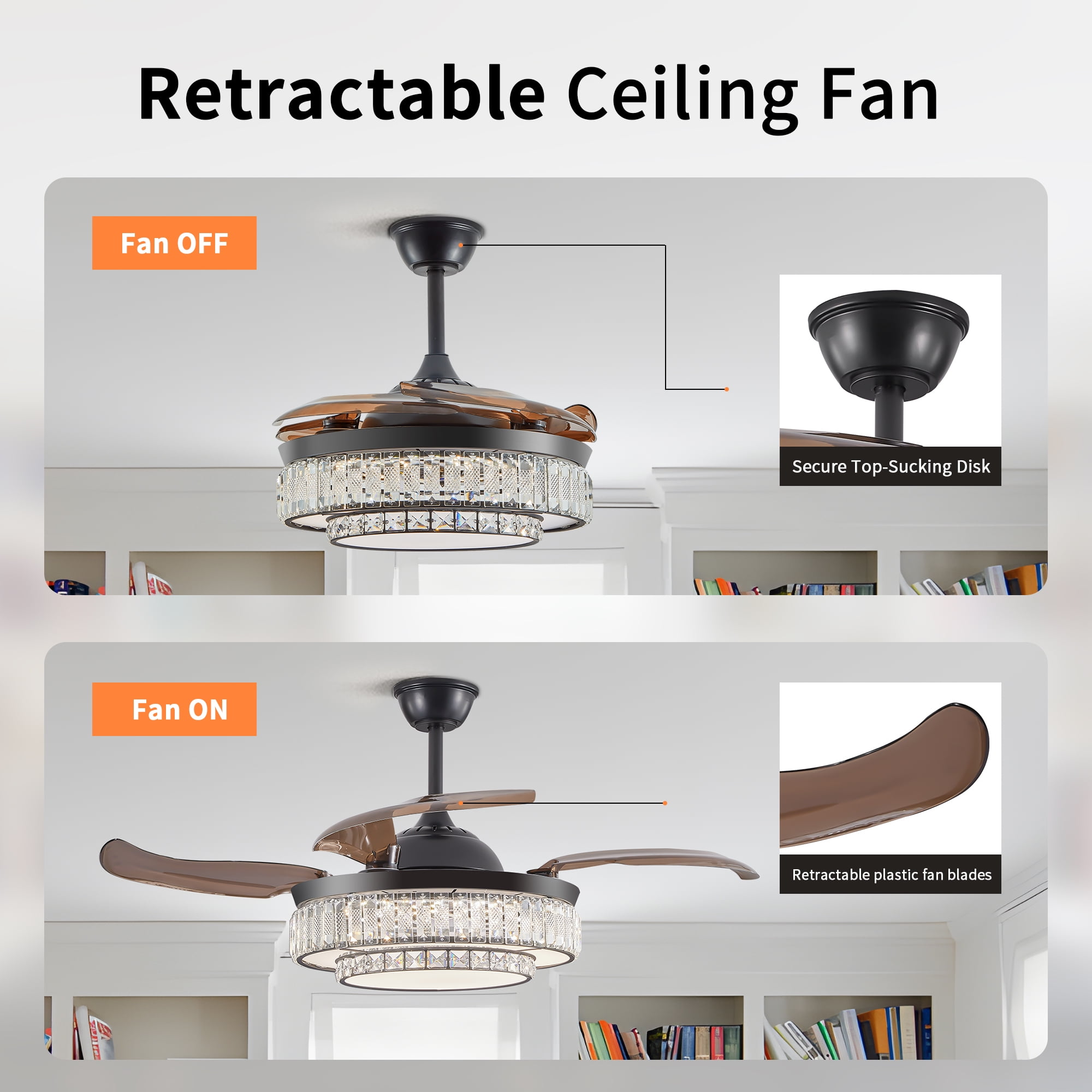 Jopath 48" Retractable Crystal Ceiling Fan with Light and Remote Control, 6-Speed Quiet ,4 Blades Modern Ceiling Fans for Kitchen Bedroom Dining Room Patio