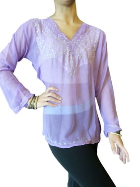 Mogul Women Tunic Top, Soft Georgette lavender Floral Embroidered Top, Casual Summer Blouse/Top S