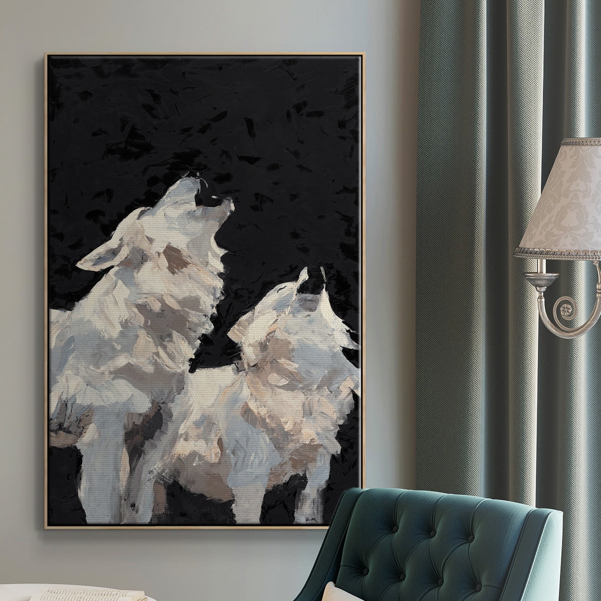 Midnight Wolves Framed Premium Gallery Wrapped Canvas - Ready to Hang - 17 x 25 - Natural Wood Floating Frame