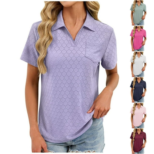 Pisexur Hauts pour Femmes Tendances Mode Chemises Col à Revers Col en V Manches Courtes Blouse Chic Décontractée Tunique Hauts Violet,G