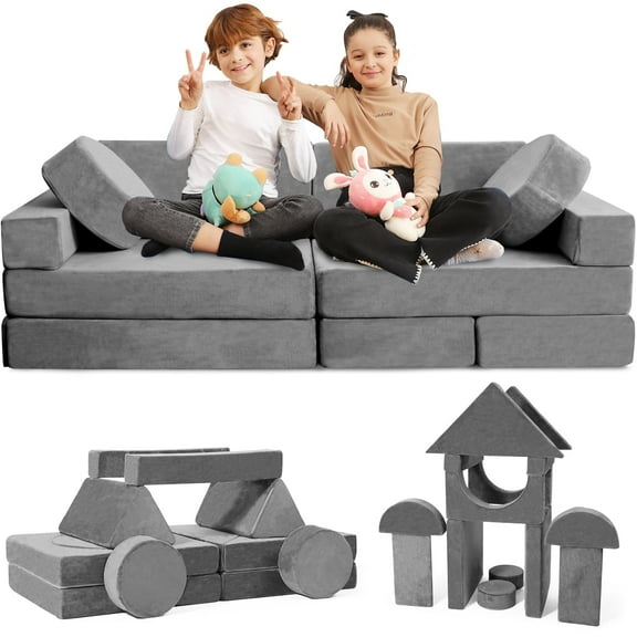 CONTOUR COMFORT Kids Couch Modern Soft Foam Low Back Storage Modular Couch with 14 Piece, Grey