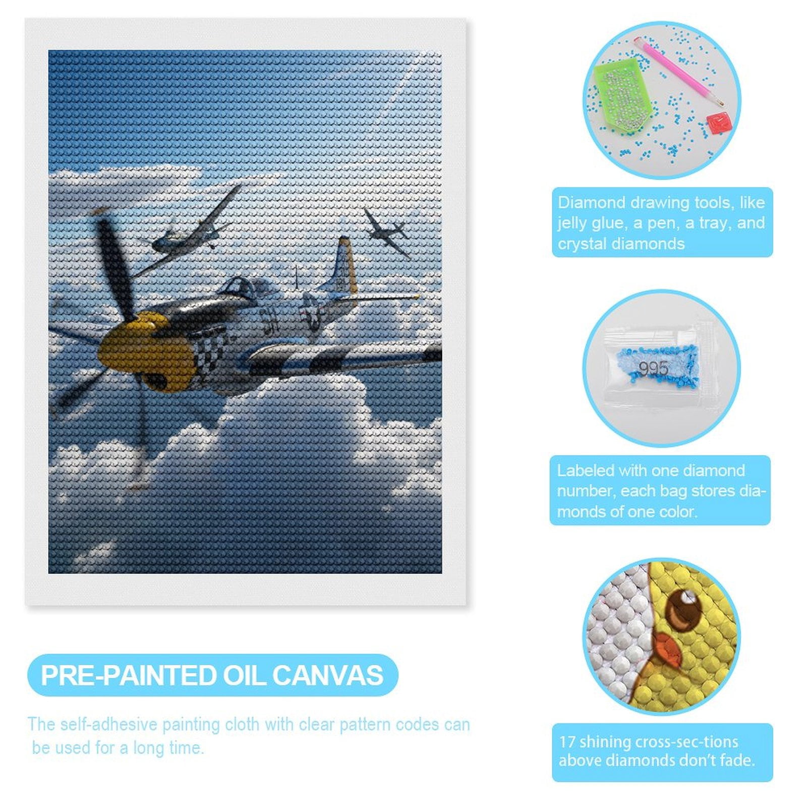 Diamond Art Kit for Adults, Vintage Airplanes Soaring Skies Diamond Painting for Adults Beginners, 5D DIY Diamond Art Painting Kits, Colorful Diamond Painting Craft for Home Decor 12x16