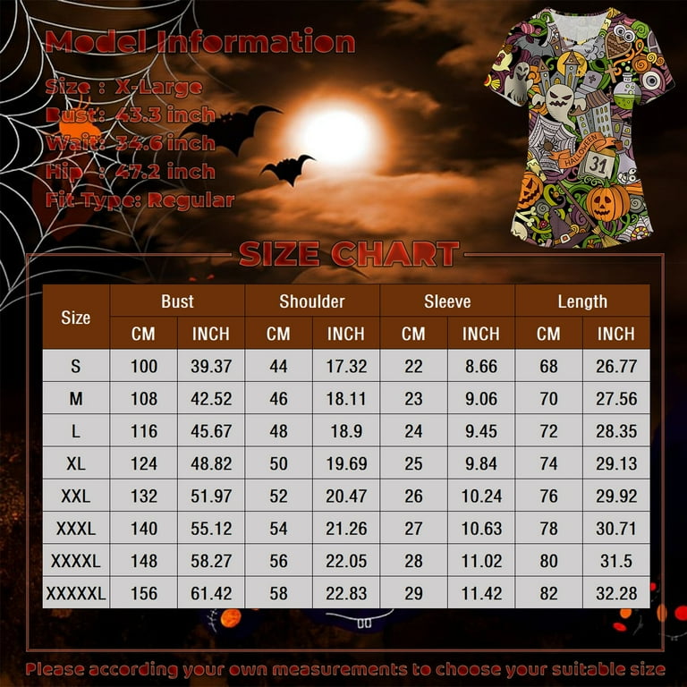 TQWQT Halloween Scrub Uniforms Women Comfortable Easy Fit Lightweight  Durable Soft Stretch Printed Criss Cross V-Neck Medical Scrub Top Black M