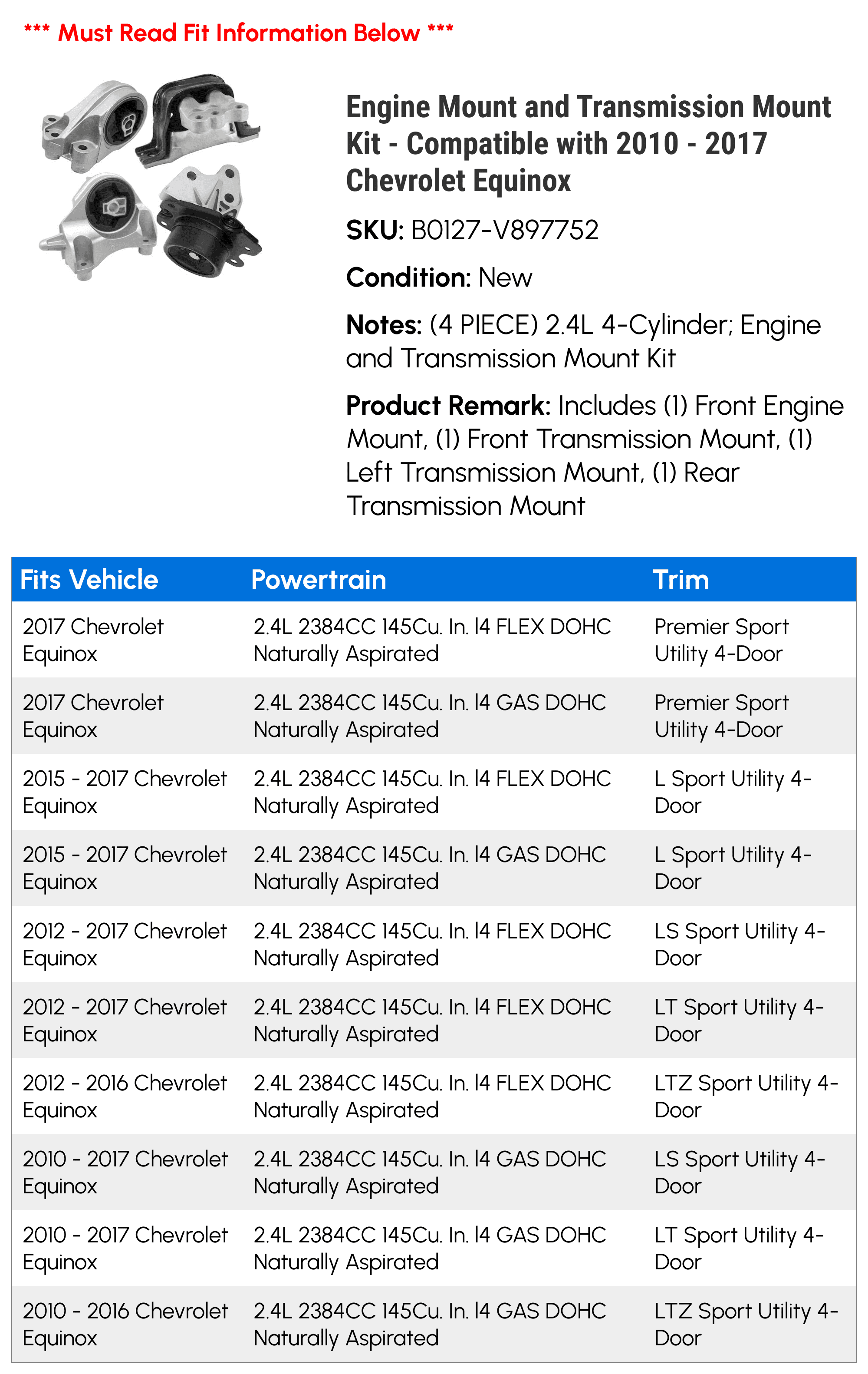 Engine Mount and Transmission Mount Kit - Compatible with 2010 - 2017 Chevy Equinox 2011 2012 2013 2014 2015 2016