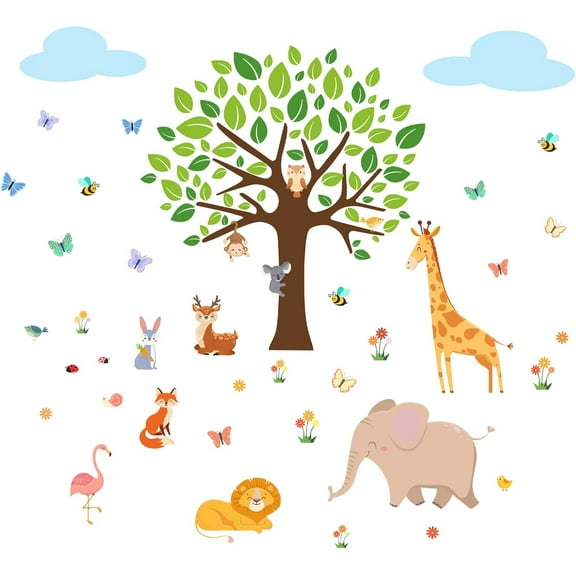 1set Cartoon Animals Wall Decals Tree Stickers Watercolor Elephant Wall Stickers Giraffe Nursery Vinyl Wall Art Lion Decor Fox Flamingo Art for Baby Kids Room Classroom Boys Girls Bedroom