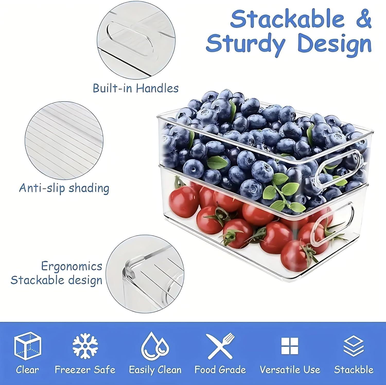 ZHOHO TANT Stackable Clear Refrigerator Organizer Bins with Handles, 6-Piece Set, 3 Sizes for Fridge & Freezer