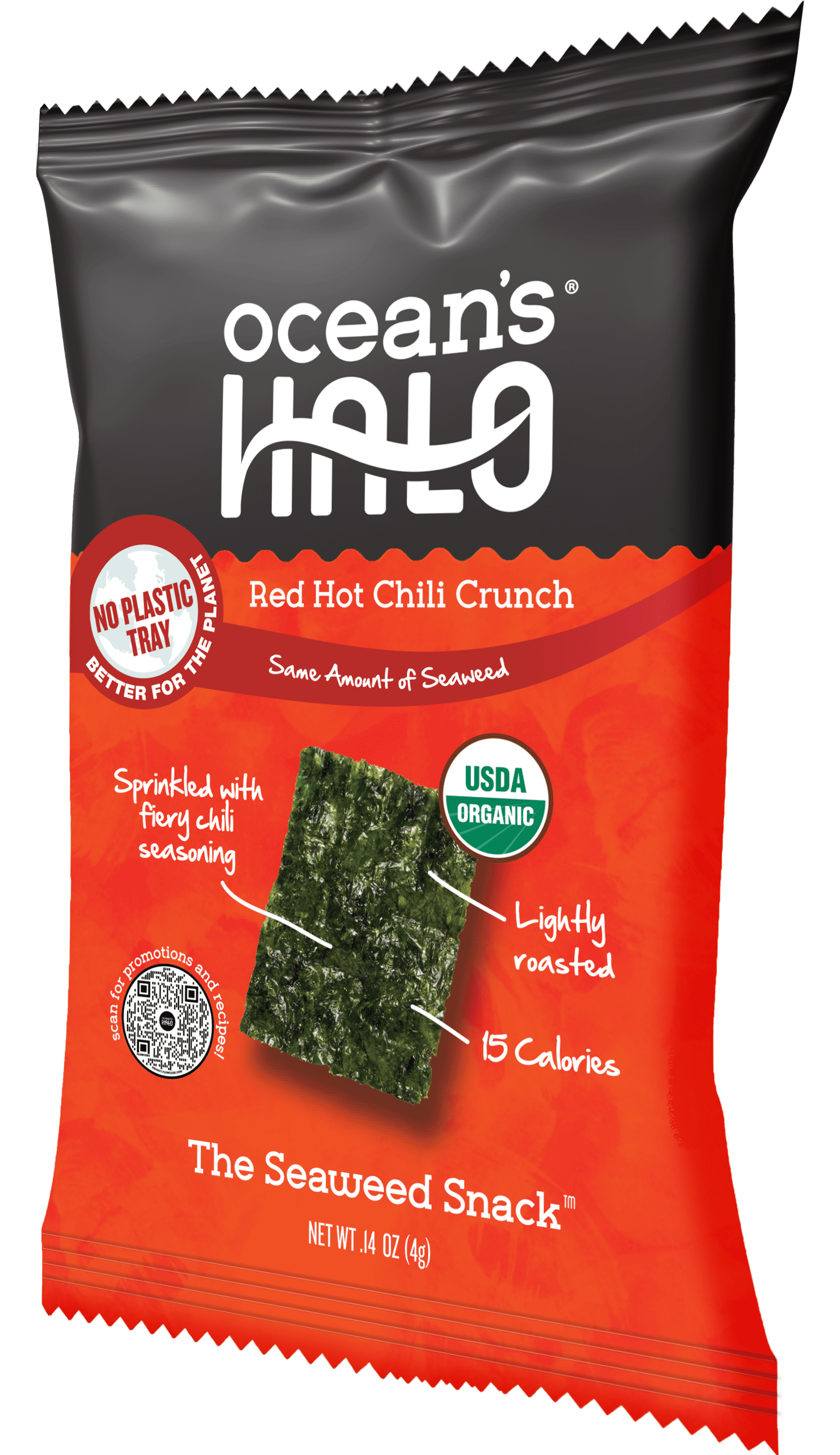 (20 pack) Ocean's Halo, Organic Trayless Seaweed Snack, Red Hot Chili Crunch, Vegan, No Plastic Tray, 0.14 oz