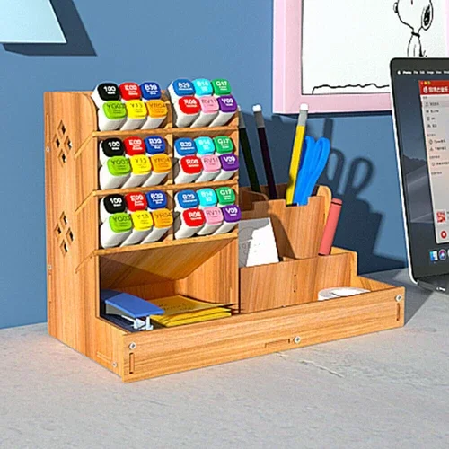 Wooden Pen Pencil Stand With Drawer For Office Desk Table Storage Organizer Usa